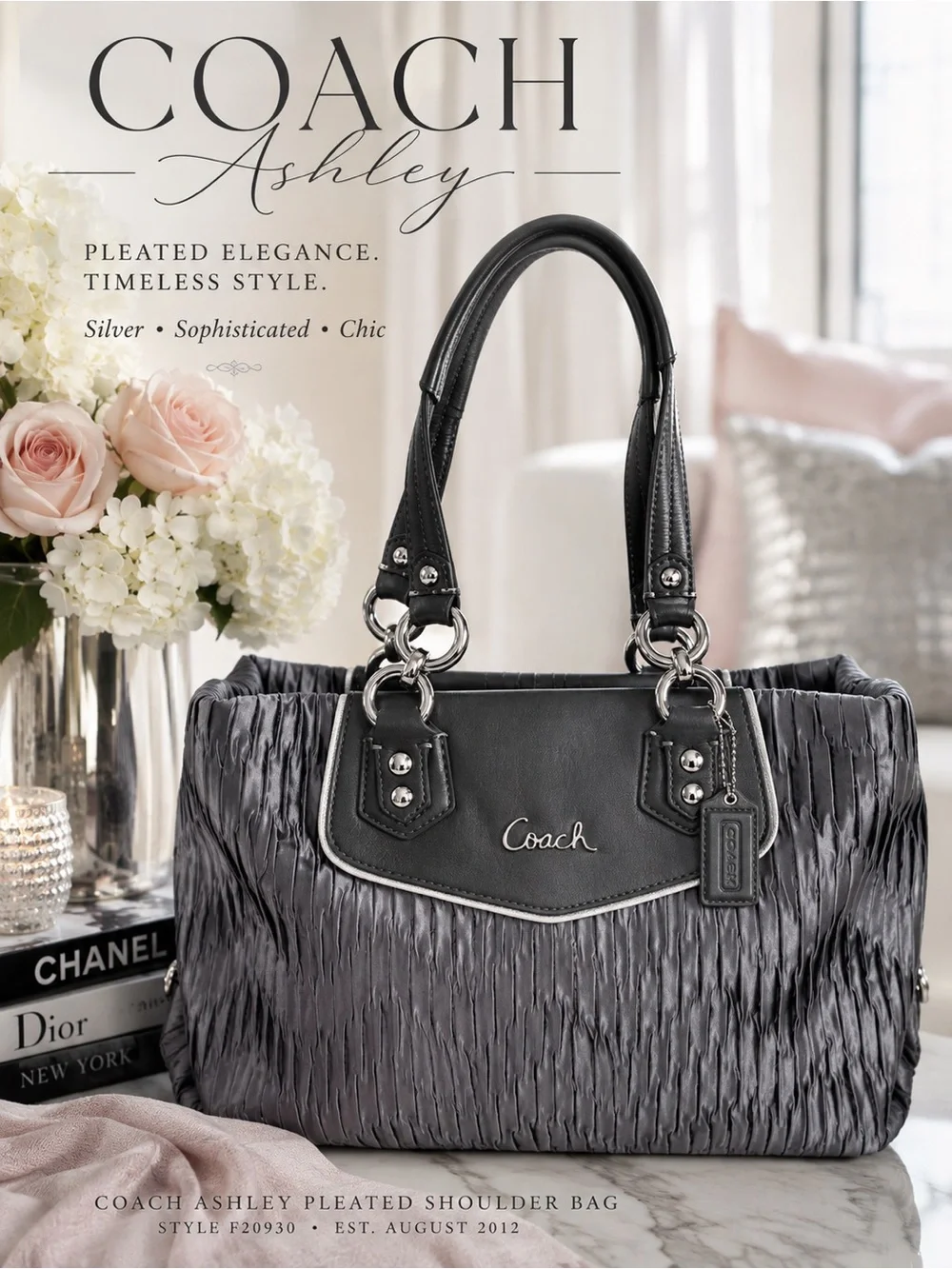 Coach 2012 Ashley F20050 Pleated Patent Trim Tote Bag in Silver Mauve-Pink